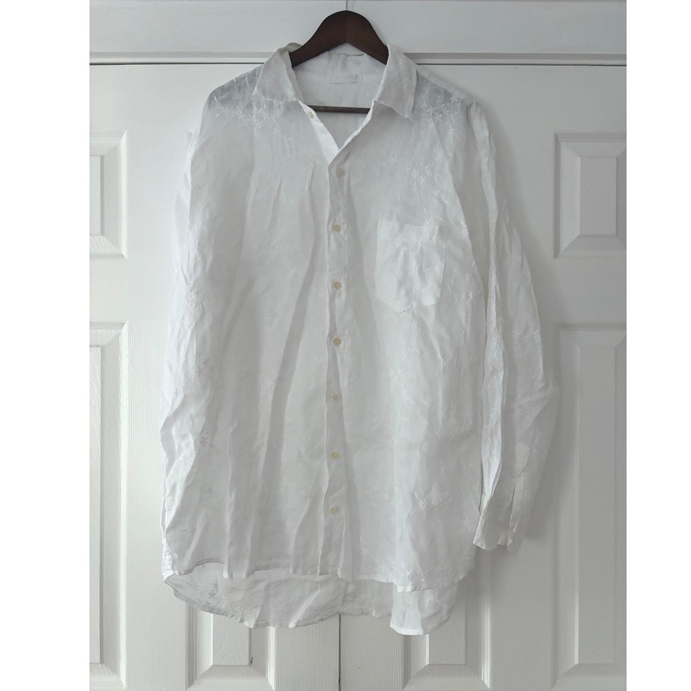 CP Shades White 100% Linen Embroidered Button Down Shirt XL Made in USA Floral